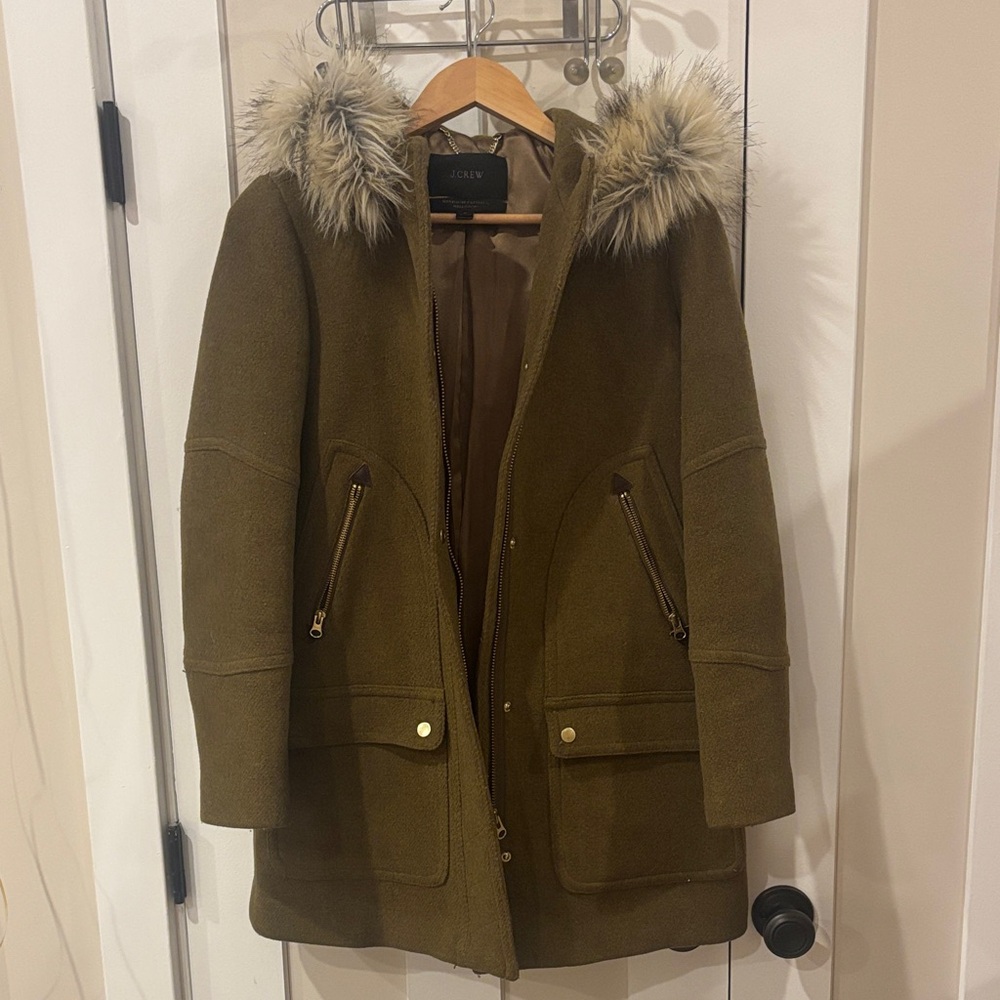 J. Crew Olive Utility Jacket with Faux Fur Hood